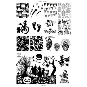 Dixie Plate DP05 is great for Halloween nail stamping and any celebration. It has cats, pumpkins, ghosts, witch, cat and spooky trees.