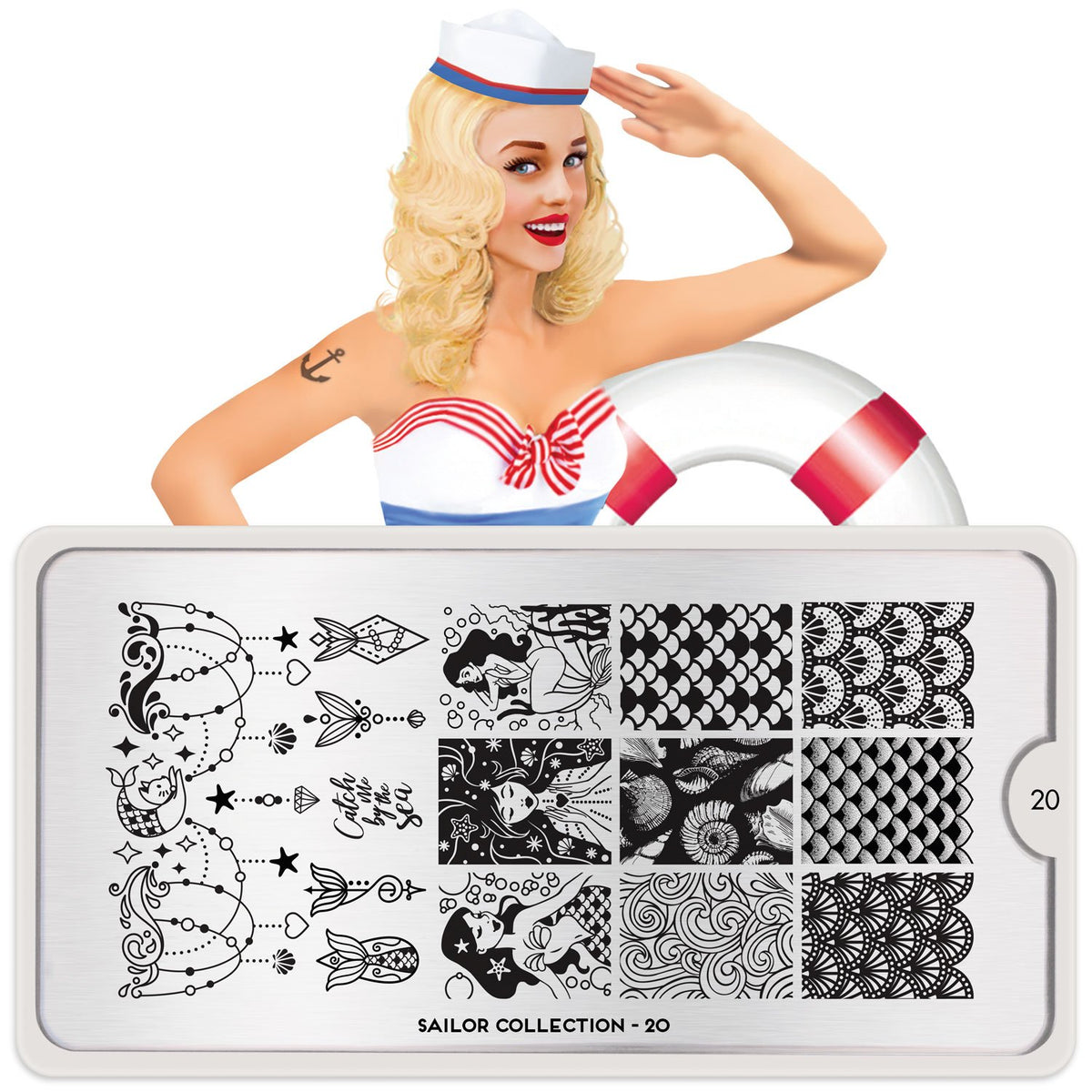 MoYou London Sailor 20- mermaid nail stamping plate. Available in the US at www.beautometry.com.